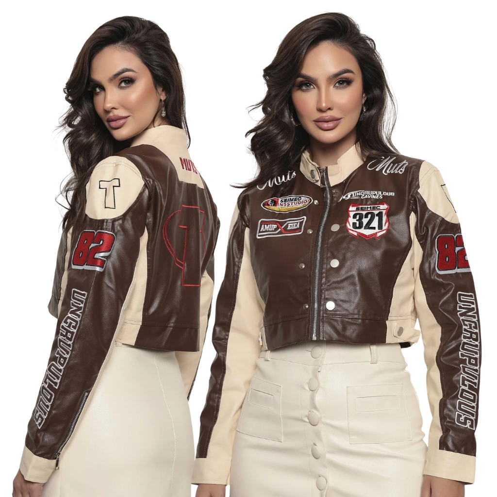 Detalhes do Jaqueta De Couro MUTS Motoqueira Estilo Racing Feminina + Plus Size G1 MODA GRINGA Tendência 2026