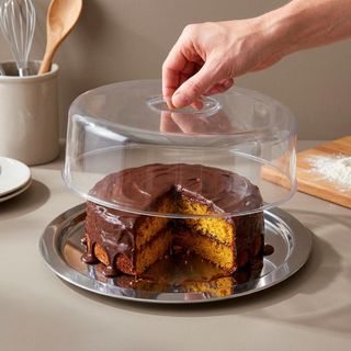 Boleira de Metal com Cúpula de Acrílico 28cm Redonda Multiuso Para Sobremesas Queijos Bolo Pães Resistente