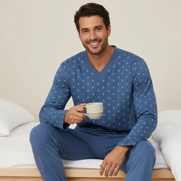 Pijama Masculino Longo Blusa Gola V Calça Cumprida Macio Quentinho Confortável Frio Inverno