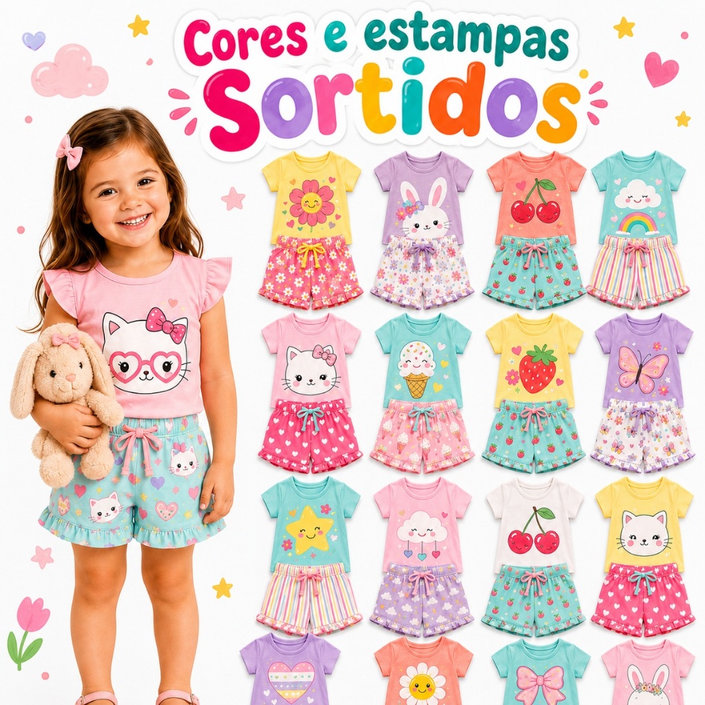 Kit Sortido 2 ou 4 Peças Premium Feminino Roupa de Menina Verão Bebê Infantil Conjunto Infantil Feminino Verão Sortidos