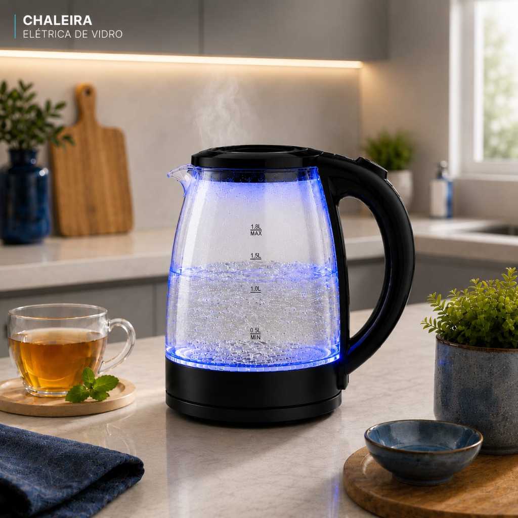 Chaleira Elétrica Vidro 1,8L LED Azul Jarra com 1500W Desligamento Automático Ferve Rápido 110v 220v