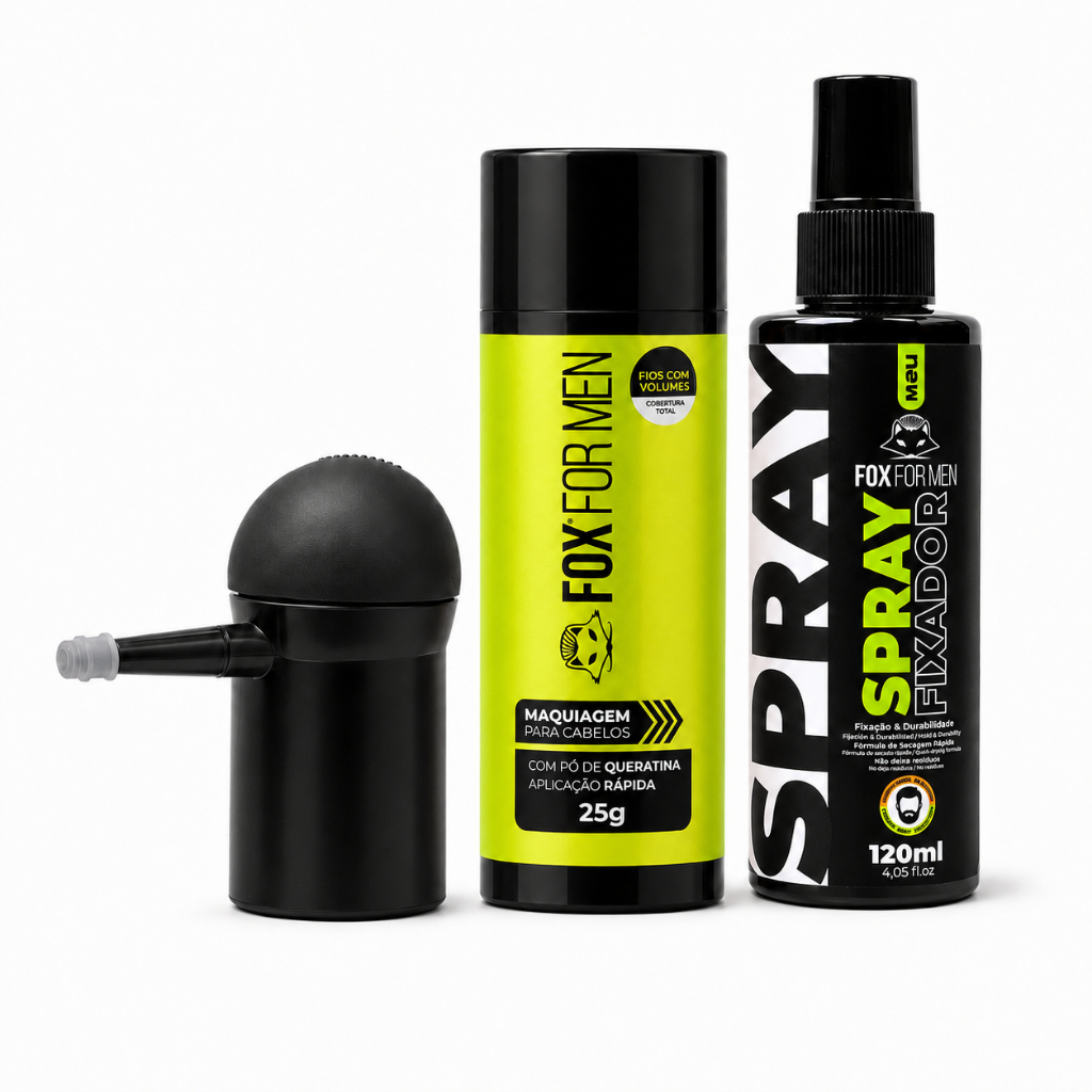 Kit Fibra Capilar Preto 25g Calvície e Falhas Spray Fixador 120ml Resistente à Água Aplicador
