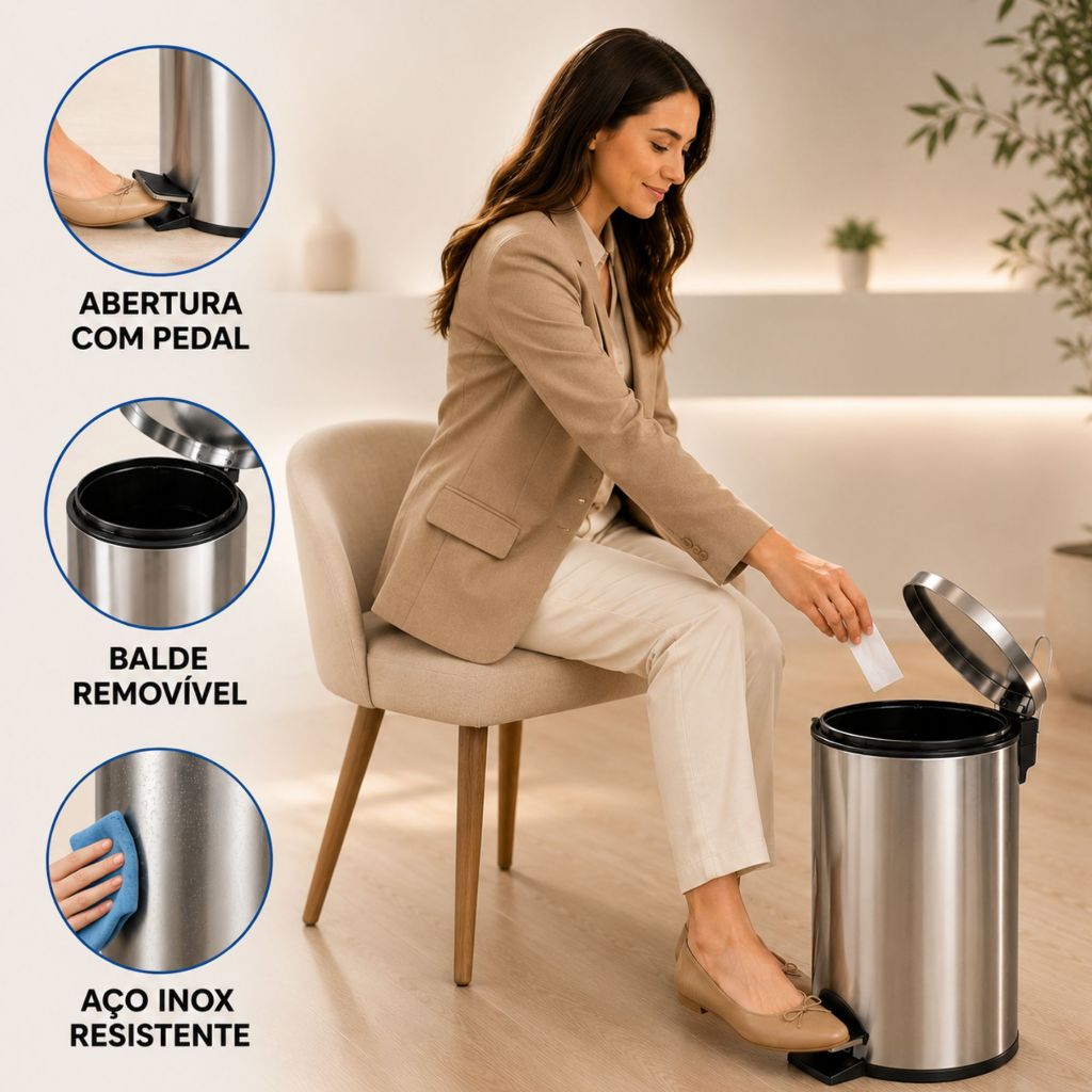 Lixeira Inox com Pedal 3L/ 5L / 12L Balde Removível Banheiro Cozinha Clínicas Escritórios Achadinhos