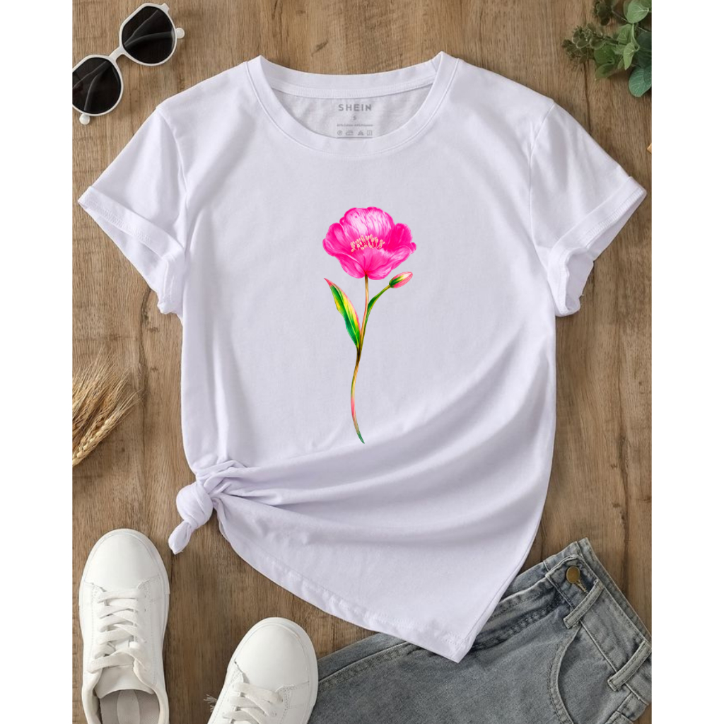 Camiseta Branca Estampa Flor Feminina T-shirt Casual Básica Estilosa 100% Algodão Premium Estilosa Confortável Fofa