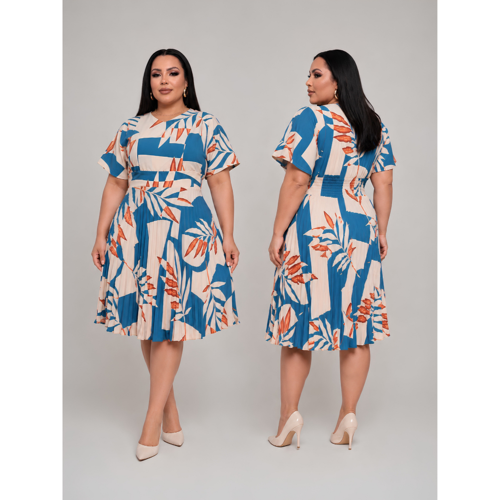Vestido Plus Size Midi Feminino Plissado Manga Ampla Flare Duna Estampado Moda Evangélica Casual Premium