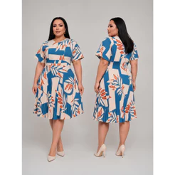 Vestido Plus Size Midi Feminino Plissado Manga Ampla Flare Duna Estampado Moda Evangélica Casual Premium