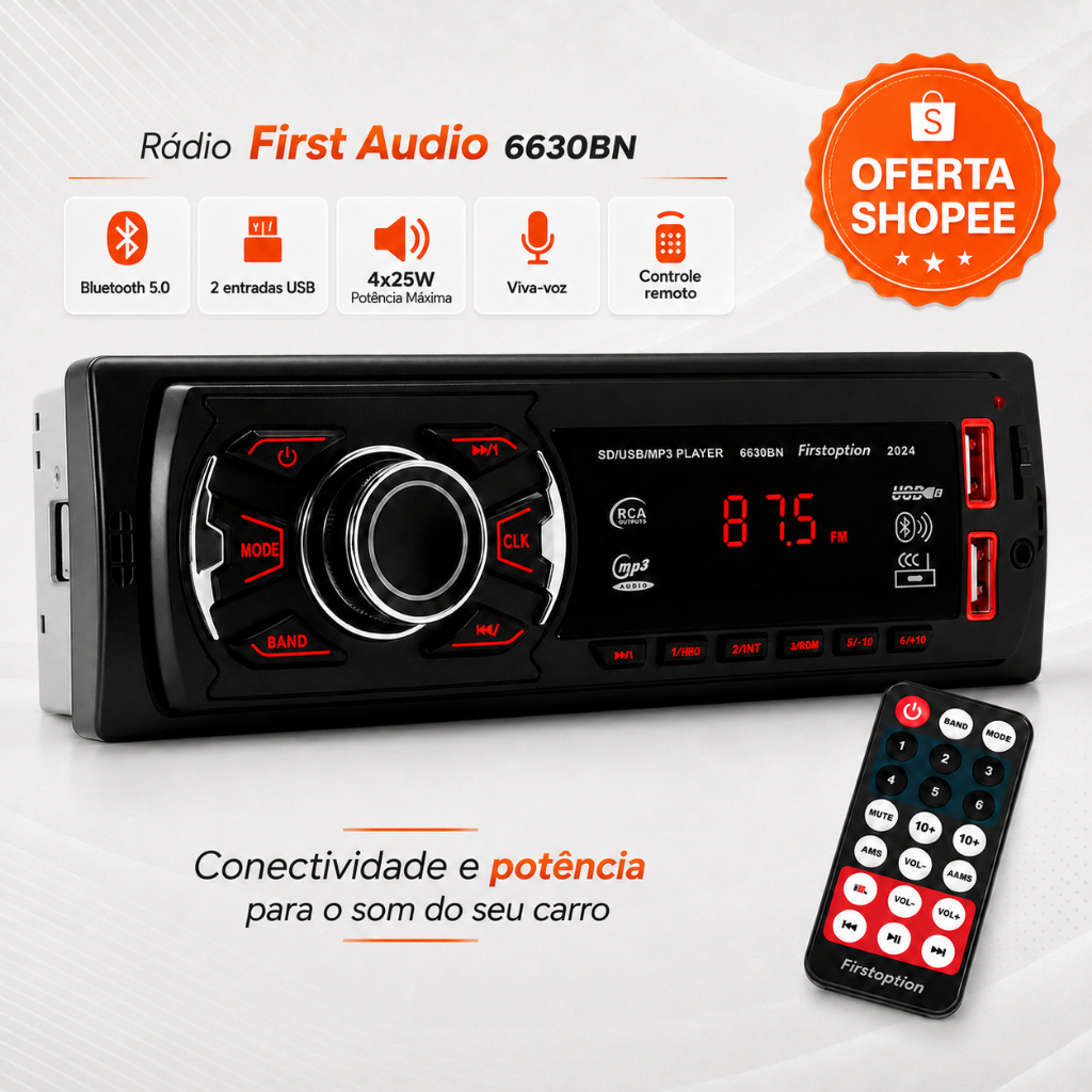 Som Carro Aparelho Radio Automotivo Bluetooth mp3 player universal carrega celular Controle USB