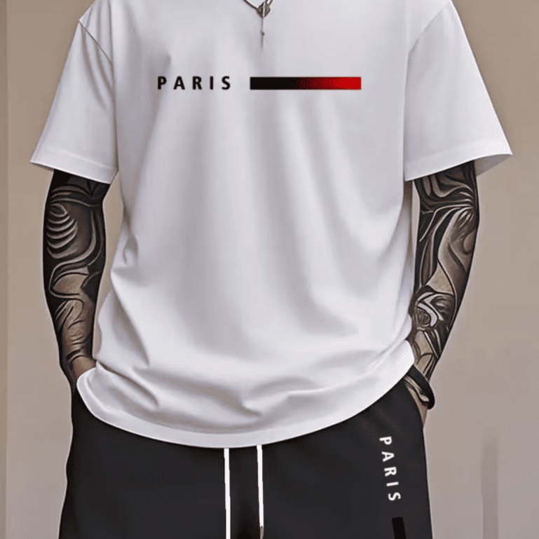Kit Conjunto Masculino Camiseta Algodão Short Tactel Estampado Paris Minimalista Estilo Verão Leve E Confortável