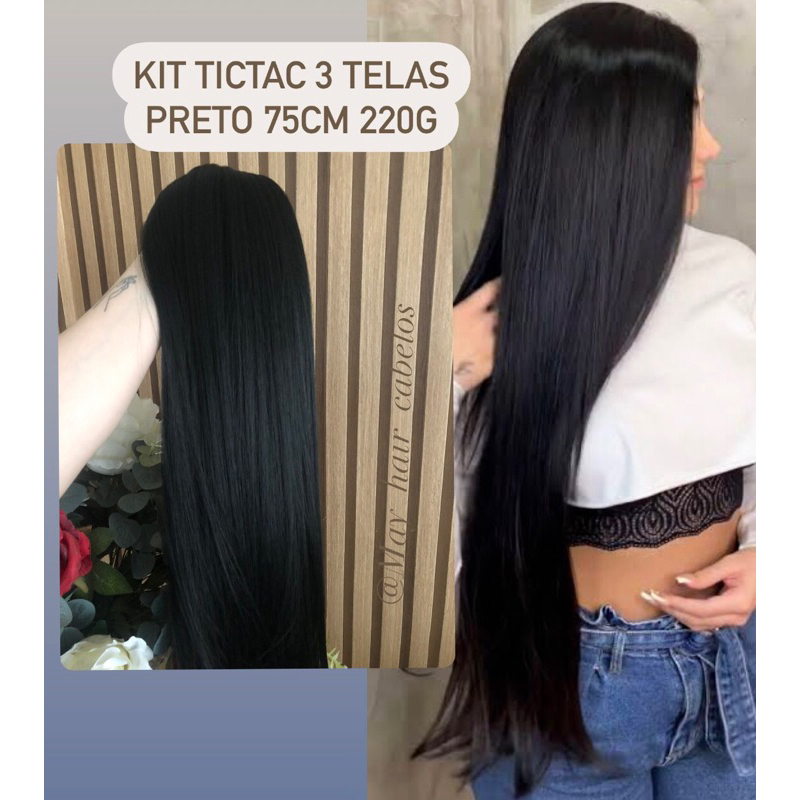 Aplique tic tac cabelo RUSSO HUMANIZADO 220g 3 75cm telas liso preto/castanho fibra russa premium tela cabelo bio humano