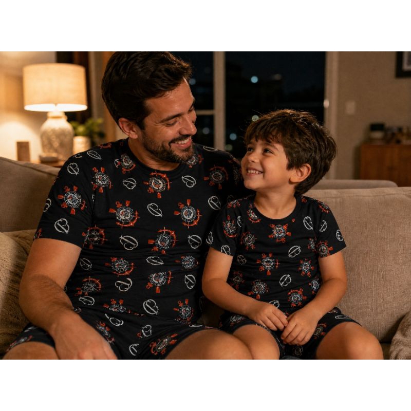 pijama infantil e adulto de time de futebol preto e branco esportivo