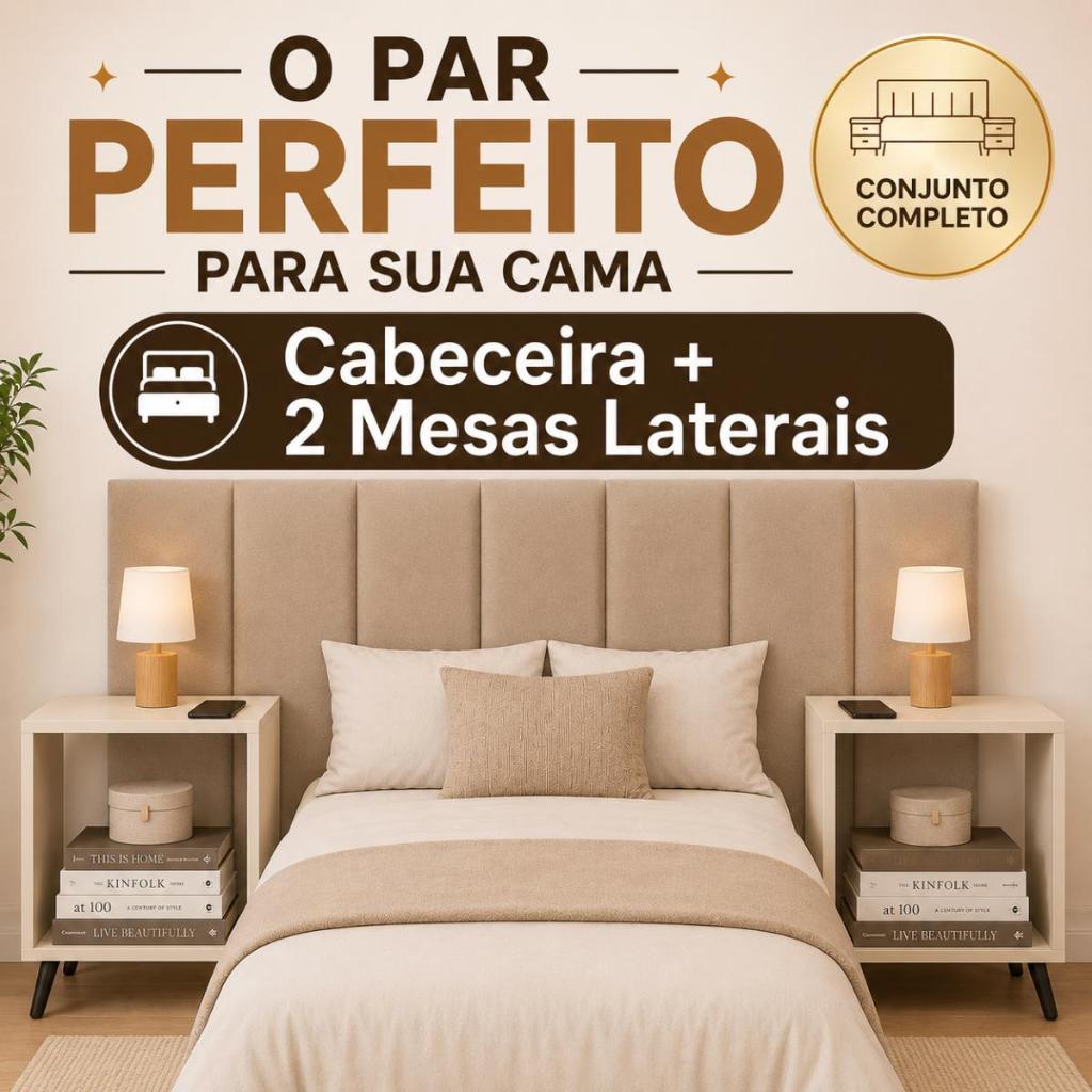 Conjunto de Cabeceira Cama Casal Queen com Mesas de Cabeceira com Pés Palito Kit …