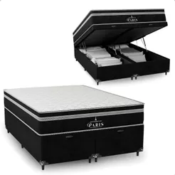 Cama Box Baú Queen + Colchão Paris Molas Ensacadas - Couro Preto - e-Shop Casa