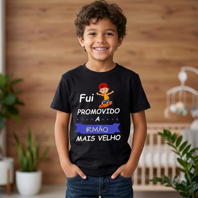 Camiseta Infantil Estampada Fui Promovido a Irmão Mais Velho 100% Algodão Tecido Premium Confortável