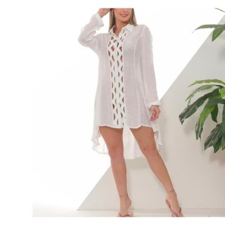Saída de Praia Feminina Chemise Manga Longa Camisão Vazado Verão-1883