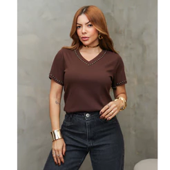 Blusa Feminina Gola V Manga Curta com Tachas e Recorte Elegante Casual SD4063
