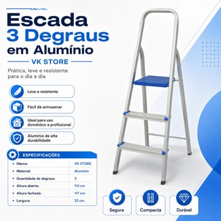 Escada de Alumínio 3 Degraus Dobrável Leve e Fácil de Guardar VK Store