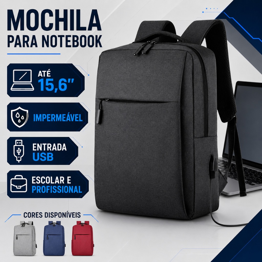 Mochila para Notebook 15,6” Impermeável com Entrada USB Escolar e Trabalho