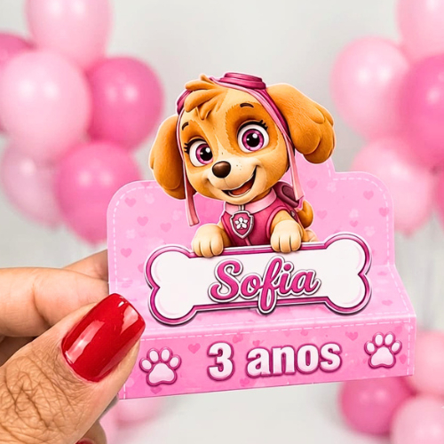 Kit  Porta Bis Personalizado Patrulha Canina Skye Rosa - Lembrancinhas e Caixinhas para Festa Infantil com Nome e Idade