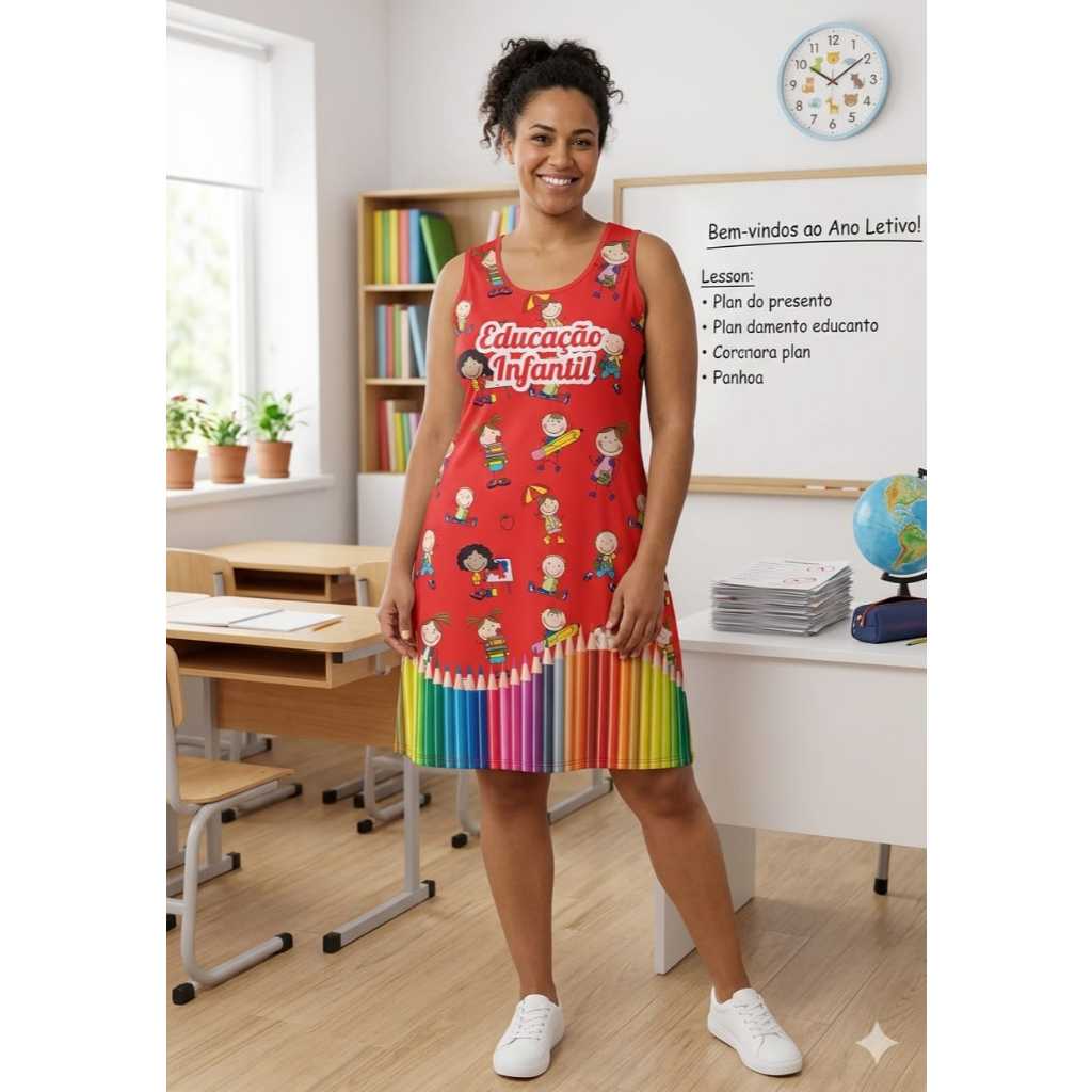 Vestido Feminino Professora Educação Infantil Estampado Soltinho Uniforme Escolar Regata e Manga Curta