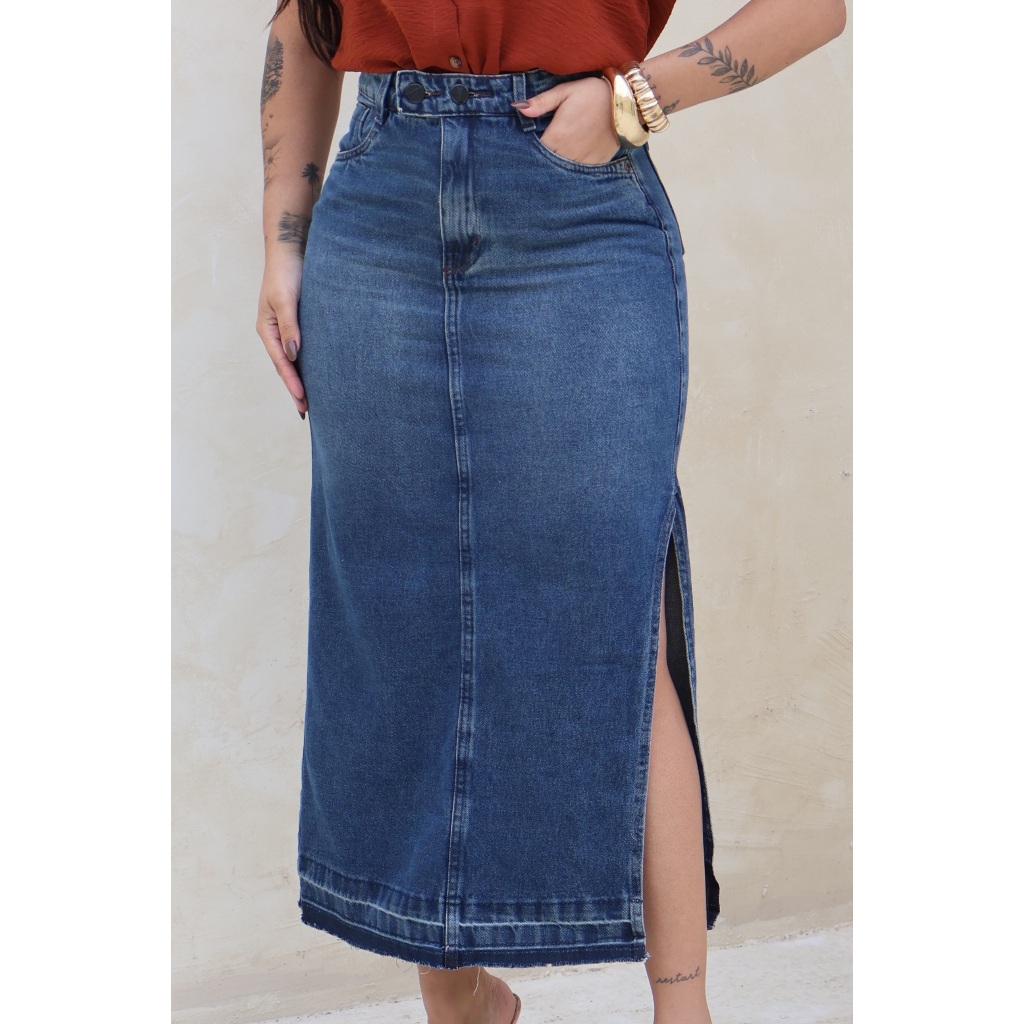 Saia Jeans Feminina Fenda Lateral Cintura Alta 100% Algodão
