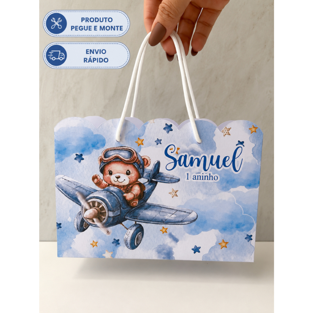 Sacolinha Personalizada Ursinho Aviador  - Kit 10, 15, 20 e 30 Unidades festa infantil