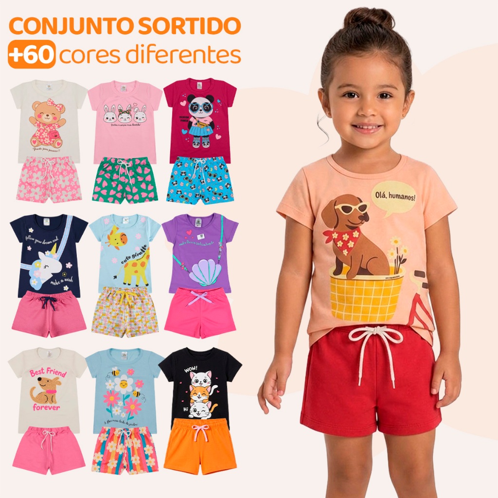 Kit Sortido Interativo 10 Peças de Roupas Infantil Menina Verão (5 Camisetas + 5