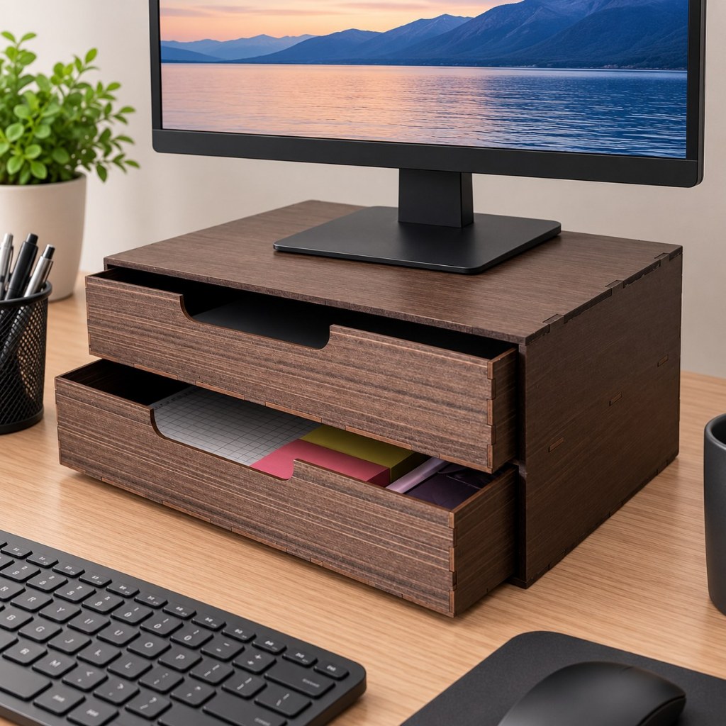 Gaveteiro MDF 2 Gavetas Organizador Escritório Home Office Suporte Monitor Compacto Cor Nogueira