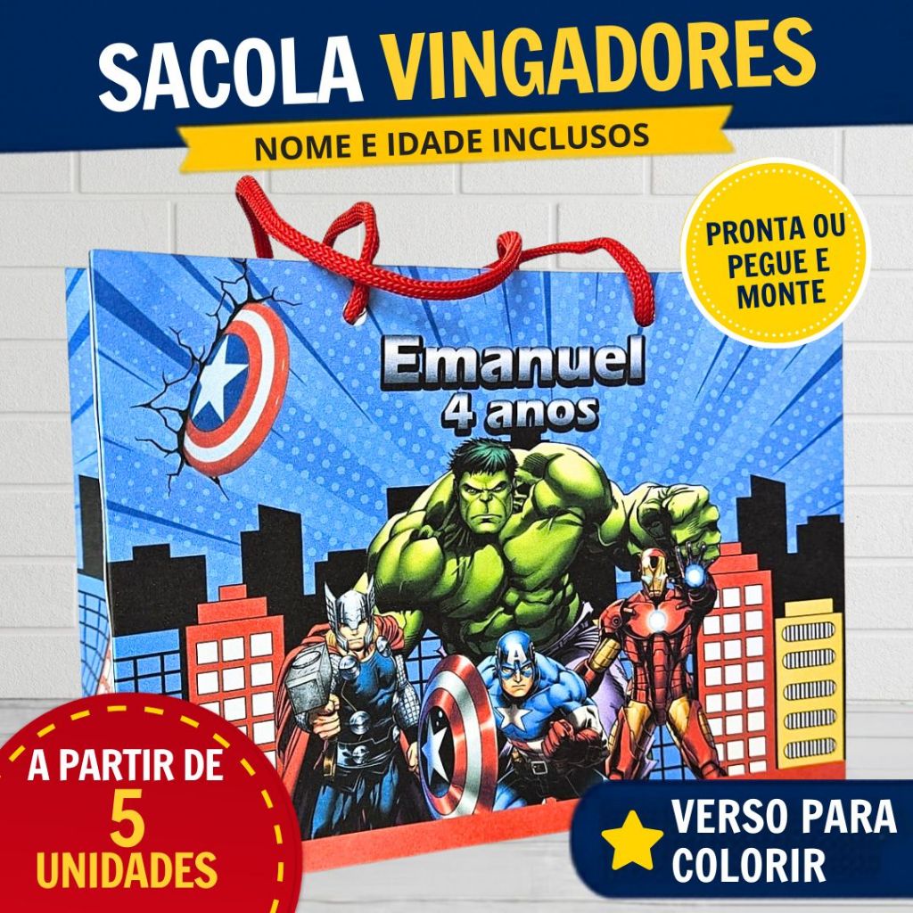 Kit Sacola Surpresa Vingadores Herois Personalizada | Lembrancinhas Festa Infantil Aniversário