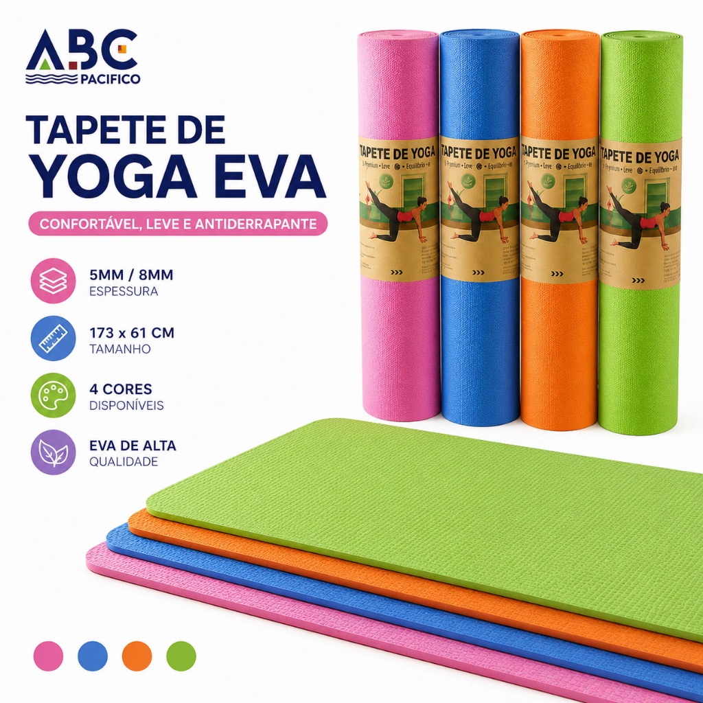 Tapete de Yoga EVA Antiderrapante 5mm/8mm 173x61cm Macio Leve Dobrável para Pilates Alongamento Exercícios em Casa