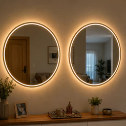 Kit com 2 Espelhos com Led 3 Cores e Botão Touch Redondo Jateados 70x70cm Lapidado Banheiro