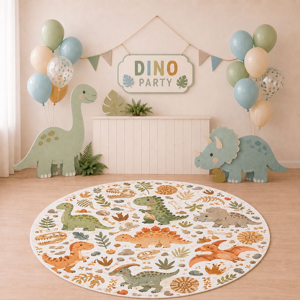 Tapete Redondo Dinossauros Decorativo Emborrachado Dino Baby EVA Antiderrapante 140x140