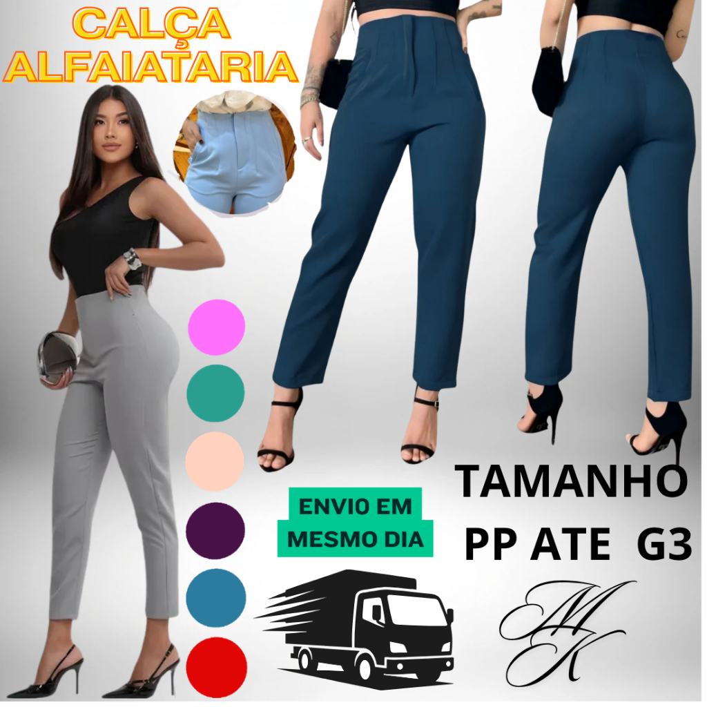🌸 Calça Feminina Alfaiataria Cintura Alta com Zíper Bolsos Social Moda Executiva Lançamento