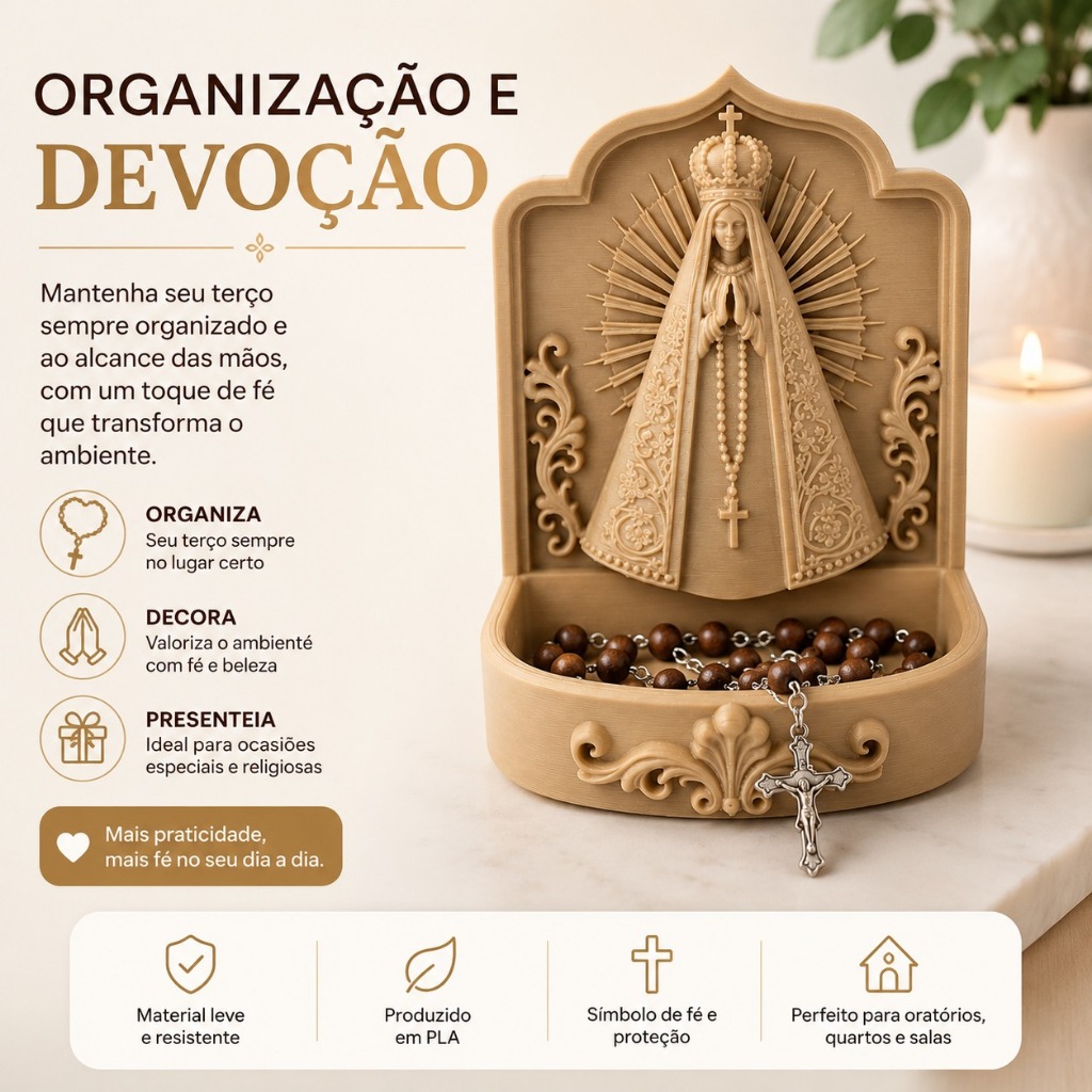 Porta Terço Nossa Senhora Aparecida Católico em PLA Decoração Religiosa Presente  Devocional Organizaçãoo
