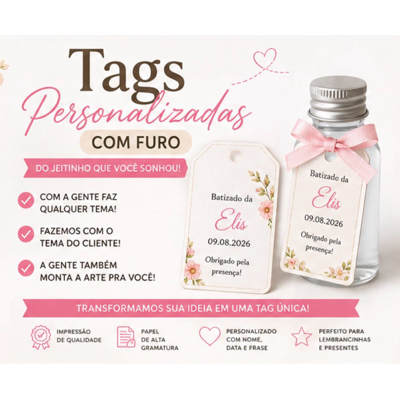Tag Chanfrada ou Retangular Personalizada 4x8 cm | Fazemos Qualquer Tema | Papel 180grs