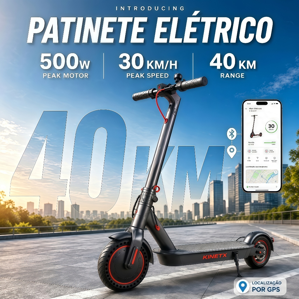 Patinete Elétrico Scooter Adulto Dobrável 500W 36V 7.8Ah Até 40km Urbano Leve Com App GPS Freio e Luz LED