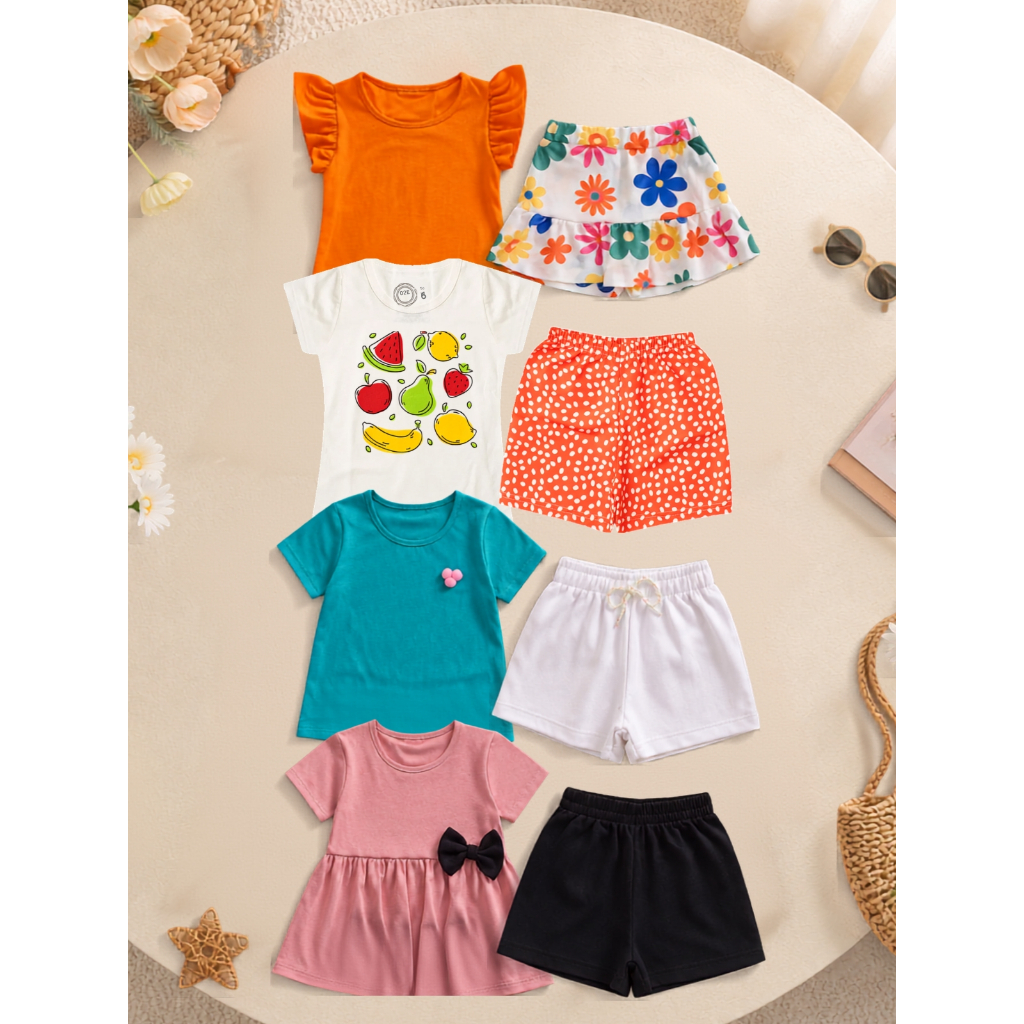 Kit 4 Conjuntos Infantil Menina Verão Bebê em Algodão Confortável 4 Shorts 4 Camisas Sortido Roupa Infantil 1 ao 12