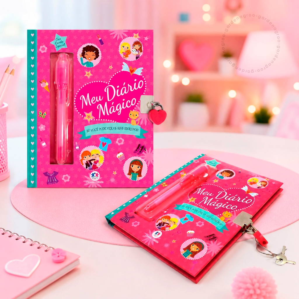 Meu Diário Mágico Pink Livro Infantil Diversão Menina Caneta Invisível Capa Resistente Cadeado