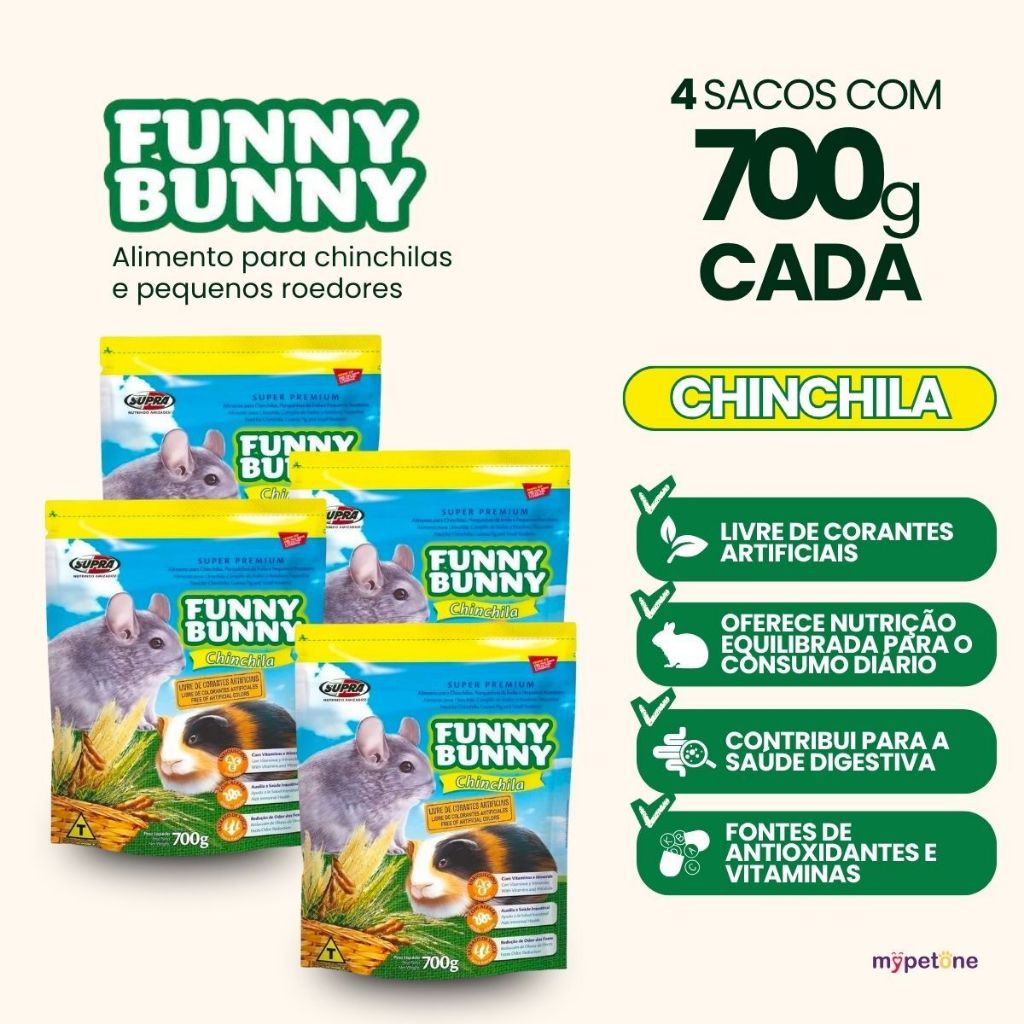 4 Ração Funny Bunny 700g Chinchila Porquinho da Índia e Hamster