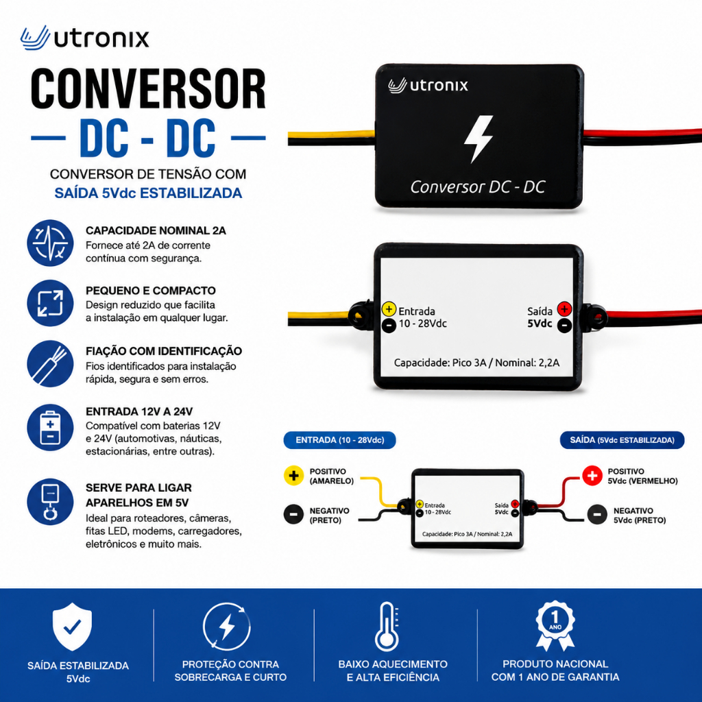 Conversor de tensão 12V e 24V para 5V 3A universal