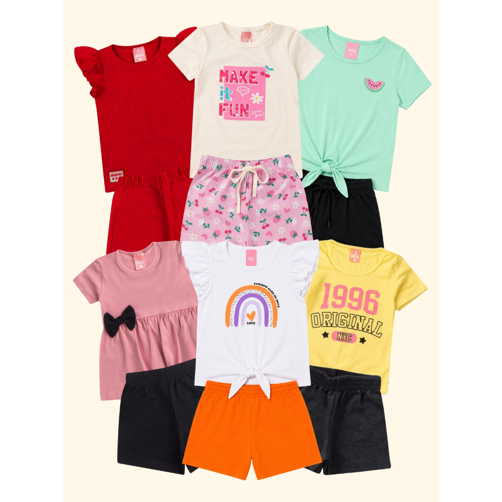 Kit 4 Peças 2 Conjuntos Menina Infantil Verão em Algodão Confortável Estiloso Férias Casual Passeio - 2 Shorts 2 Camisas