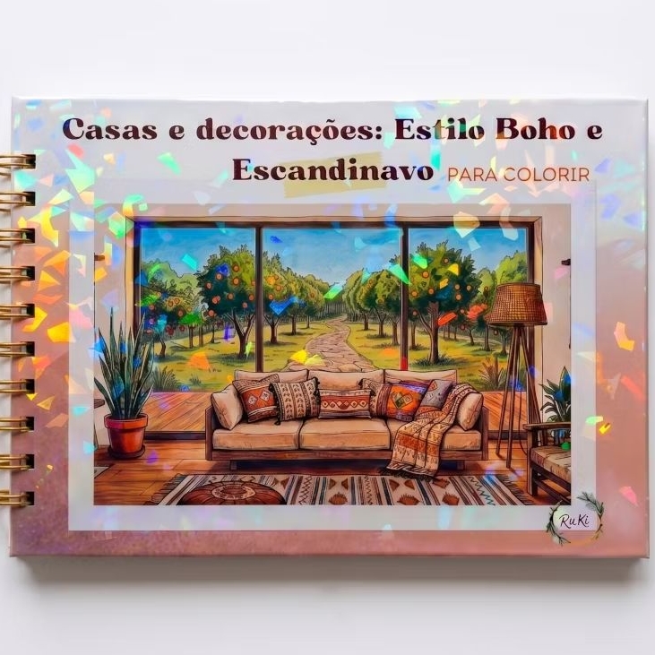 Livro de colorir:Casas e decorações Estilos Boho e Escandinavo, 46 ilustrações relaxantes+46 miniaturas coloridas