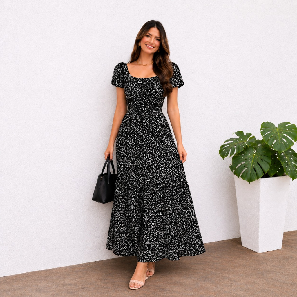 Vestido Longo feminina Viscolinho Floral Ciganinha Casual Manga curta Tendência Moda Evangélica