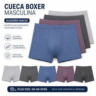 Cueca Boxer Masculina Plus Size de Algodão Macio GG ao XXXG Confortável