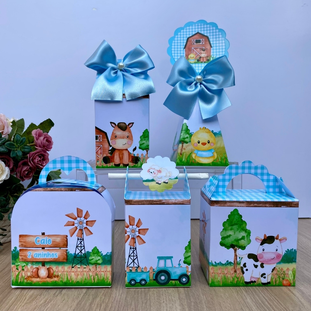 Kit Personalizados Fazendinha azul/Kit Festa Caixinhas Personalizadas Lembrancinha Mimos Aniversário