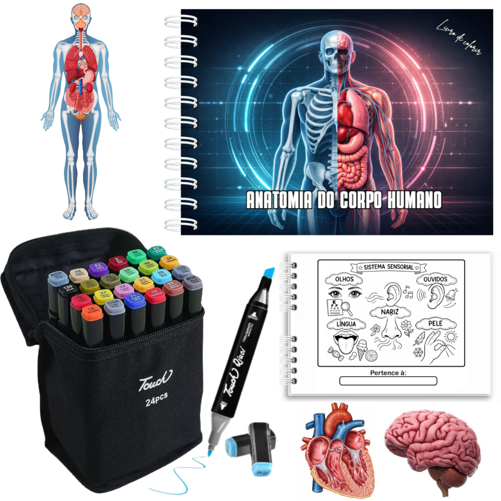 Kit Livro De Colorir Anatomia do Corpo Humano Capa Dura A5 50 Folhas Grossas + Jogo de Canetinhas Ponta Dupla 24 Cores