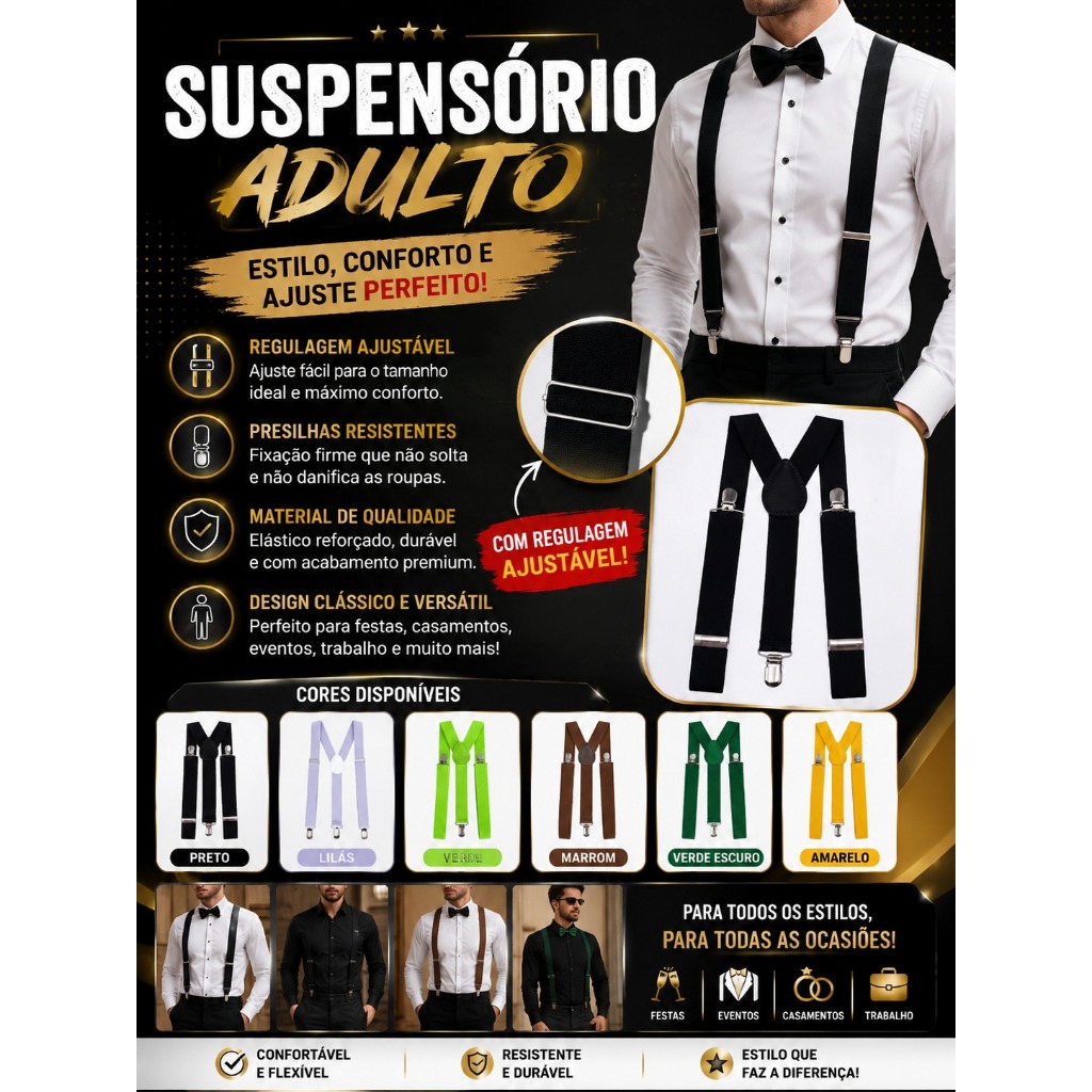 Suspensório Elásticos Masculinos e femininos Ajustáveis Com Presilha