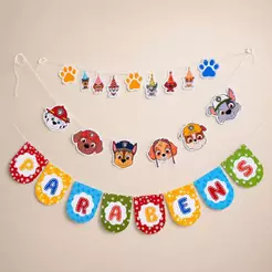 Kit festa 3 bandeirolas de aniversário em papelaria personalizada - festa Patrulha canina - varal de aniversário