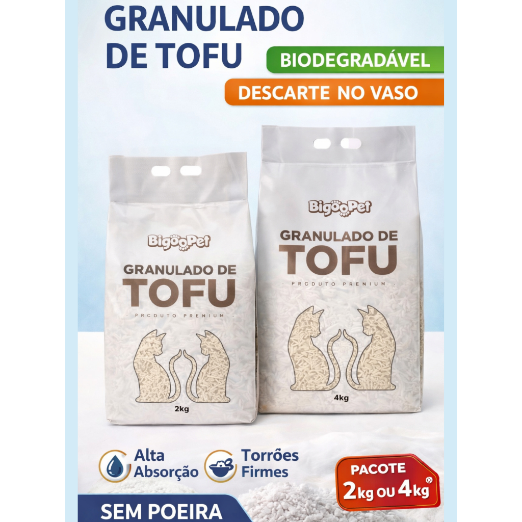 Areia Biodegradável Granulado de Tofu 2 ou 4 kg para Gatos - Premium