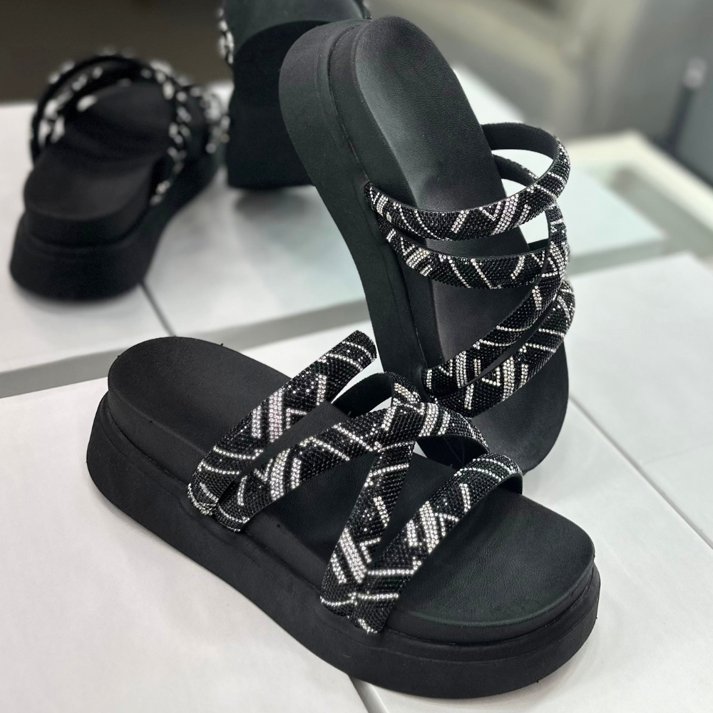 Sandalia Papete Plataforma Alta Feminina Birken Strass Brilho Confortavel