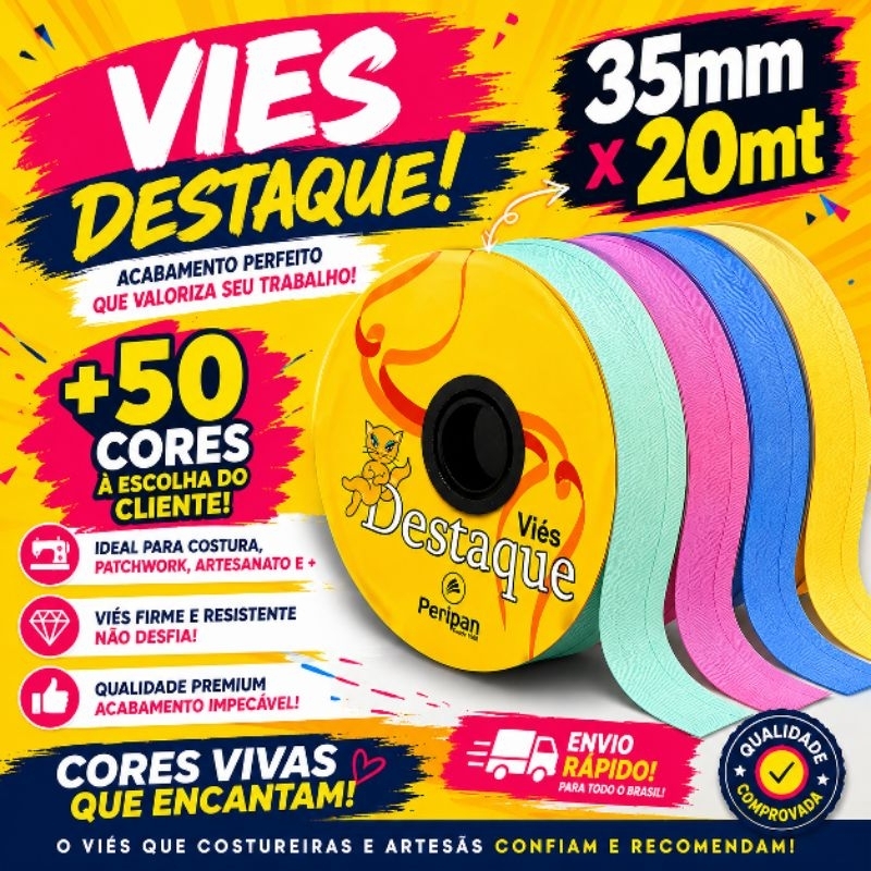 VIÉS 100% ALGODÃO LARGO 35MM 20MT DESTAQUE PERIPAN